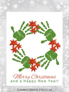 a christmas card with handprints and poinsettis in a wreath on it