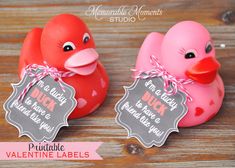 two pink rubber ducks with labels on them