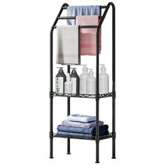 an iron shelf with towels and other items on it, against a white background photo