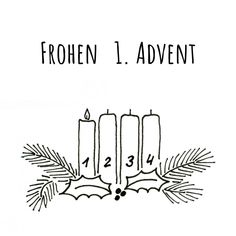 a candle with numbers on it sitting next to pine cones and holly branches, which are labeled frohen 1 adventt