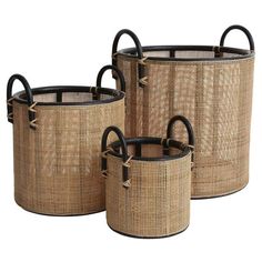 three round baskets with handles on each side