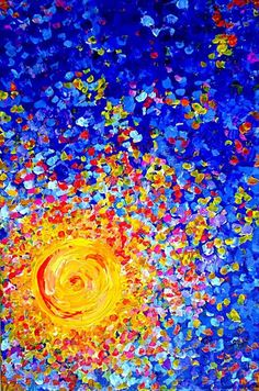 an abstract painting with blue, yellow and red colors in the sky above it is a bright sun