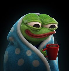 a frog wrapped in a blanket holding a cup