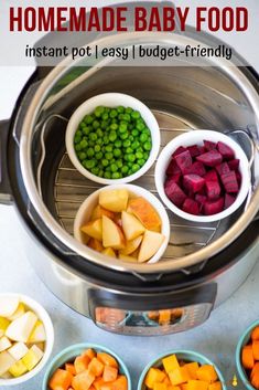 baby food is in bowls next to the crock pot with peas, carrots and potatoes