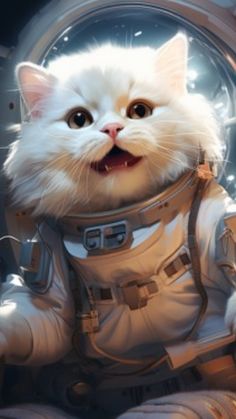 a white cat wearing an astronaut's suit