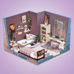 an image of a doll house with furniture and decorations on the walls, including a bed