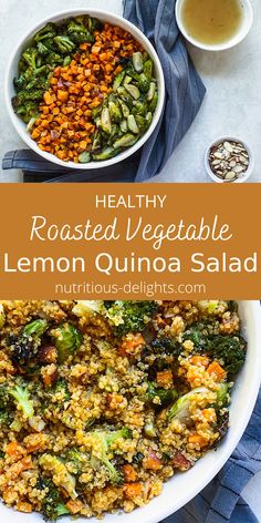 healthy roasted vegetable lemon quinoa salad in a white bowl on top of a blue napkin