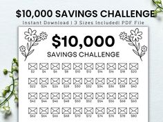 the $ 10, 000 savings challenge is shown with flowers and envelopes on it