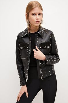 A Timeless Leather Jacket Enhanced With Statement Details. This Studded Design Creates A Bold Statement No Matter How It'S Worn. In A Clean-Lined, Structured Design, It'S Cut In A Boxy Fit To Always Make An Authoritative Style Statement. Completed With A Chest Pockets And Silver-Toned Zips, The Glossy Metallic Studs Make This Eye-Catching Design An Unforgettable Closet Addition. Leather Shorts Women, Motorcycle Rides, Studded Leather Jacket, Leather Jumpsuit, Studded Jacket, Distressed Jacket, Western Jacket, Rugged Style, Leather Shirt