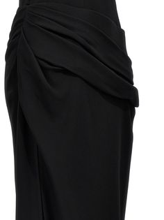 Stretch viscose dress, draped at the waist, graphic V-neck, side zip closure, bare back, wide side split. Composition: 97% viscose, 3% elastane Draped Skirt With Ruched Sides For Evening, Black Formal Draped Skirt, Chic Asymmetrical Ruched Draped Skirt, Silk Ruched Draped Skirt, Formal Pre-draped Skirt With Folds, Ruched Draped Skirt For Night Out, Evening Draped Skirt With Ruched Sides And Asymmetrical Shape, Fitted Draped Skirt For Cocktail, Evening Draped Asymmetrical Skirt With Ruched Sides