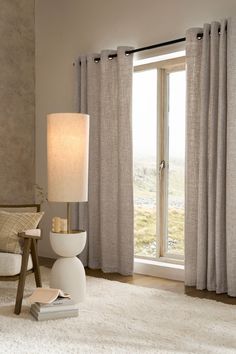 a living room scene with focus on the floor lamp and window curtained area rug