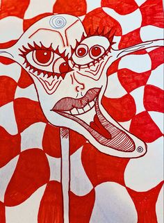 a red and white drawing of a clown's face on a checkered background