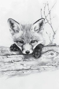 a pencil drawing of a fox resting on a tree branch with its paw over it's face