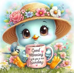 a blue bird wearing a straw hat and holding a coffee mug with the words good morning on it