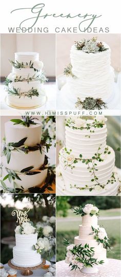 wedding cakes with greenery on the top and bottom tiers are shown in four different pictures