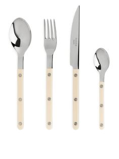 four forks, two spoons and one knife on a white surface