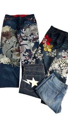 Karakuri Jeans, Dragon Jeans, Egirl Clothing, Fire Jeans, Reworked Clothes, Denim Diy Clothes, Japan Fashion Street, Diy Clothes Design, Concept Clothing