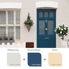 the front door is painted blue, white and beige