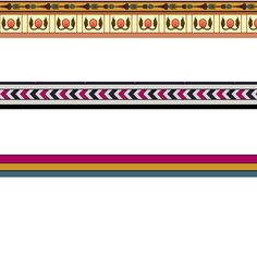 three strips of colored tape with decorative designs on them, all in different colors and sizes