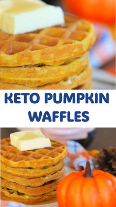 keto pumpkin waffles are stacked on top of each other and topped with butter