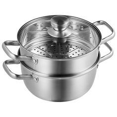 an aluminum pot with two handles and a strainer in the middle on a white background