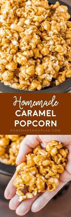 homemade caramel popcorn in a black bowl