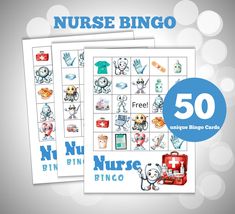 two large printable nurse bingo cards with the numbers 50 and one big card has an image of animals on it