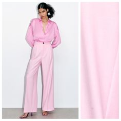 Nwt. Zara Pink Viscose Blend Wide Leg Menswear High-Waisted Pants/Trousers With Front Pleats, Front Pockets And Back False Welt Pocket, Wide Leg, Front Zipper, Metal Hook, And Inside Button Closure. Size Xs. Ref. 1608/124. Waist 13" Flat, Rise 13,5", Inseam 32,5". X Pink Trouser Outfit Women, Fitted Spring Pantsuit With Wide-leg Pants, High-waisted Summer Office Pantsuit, Summer High Waist Office Pantsuit, High Waist Summer Pantsuit For Office, Elegant High Waist Pink Pantsuit, Tailored High Waist Wide Leg Pants For Spring, Tailored Pink Summer Bottoms, Tailored Pink Pants For Summer