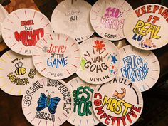 paper plates with words and pictures on them