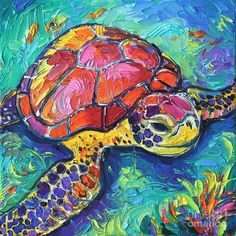 a painting of a turtle swimming in the ocean