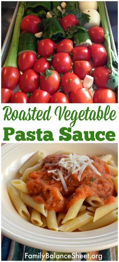 pasta sauce with tomatoes and other vegetables in the background