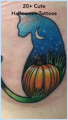 a tattoo design with a cat and pumpkin on the side of her stomach that says, 20 + cute halloween tattoos