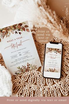 an image of wedding stationery with flowers and leaves on the front, next to it is a cell phone