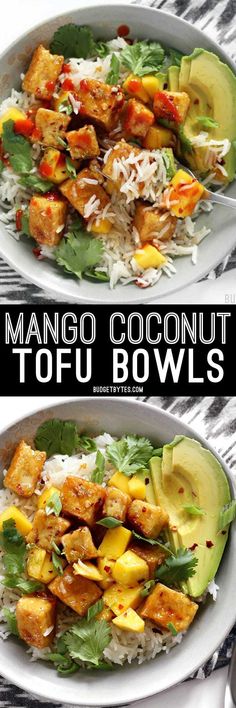 mango coconut tofu bowls with rice and avocado