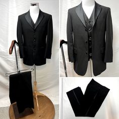 In Very Good Condition. Measurements Taken Laying Flat: Jacket: Across Shoulders: 18" Underarm To Underarm: 20.5" Waist: 19" Length (Taken On The Back Of The Jacket In The Center, From The Base Of The Collar To Bottom Hem): 31" Sleeve Length (From Shoulder To Sleeve End): 25" Vest: Underarm To Underarm: 20" Waist: 18.5" Length: 27" Pants: Waist: 15.5" Rise: 11" Inseam: 30" Vest Suit, Black Tuxedo, Tuxedos, Suit Vest, Blazers For Men, Mens Suits, Blazer Suit, Blazer Jacket, Man Shop