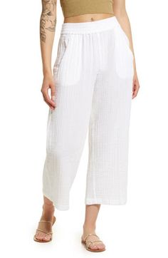 Gauzy cotton means beach-ready style in these lightweight, wide-leg pants that are a cozy and chic addition to your weekend wardrobe. 25" inseam; 22" leg opening; 12" front rise; 16" back rise (size Small) Elastic waist 100% cotton Machine wash, line dry Imported Beach Pants, Weekend Wardrobe, Beach Ready, Rip Curl, Curator Style, Bottoms Pants, Leg Pants, Wide Leg Pants, Womens Bottoms