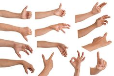 multiple images of hands with different gestures and fingers pointing at each other, isolated on white background