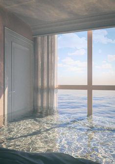 an open window overlooking the ocean with water covering it and sunlight shining in to the room