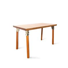 a wooden table with metal legs on a white background