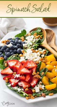 spinach salad with strawberries, tangerines, and blueberries. Chicken Stir Fry With Noodles, Cheese And Honey, Food Sides, Cozy Cook, Homemade Balsamic Vinaigrette, Balsamic Vinaigrette Dressing, Honey Roasted Peanuts, Spinach Salad Recipes, Mandarin Oranges