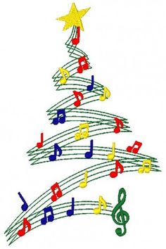 a christmas tree with musical notes and stars on it's top, in the shape of a star