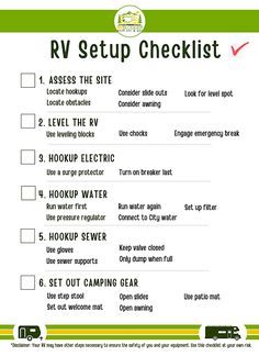 the rv setup checklist is shown with instructions for how to set up an rv