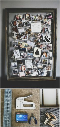 a collage of photos and pictures is displayed in an old frame with clothes pins attached to it