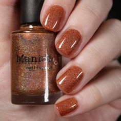 Firefly Copper Pearl Holographic Nail Polish | Maniology Cinnamon Color Nails, Cooper Nails Design, Pearl Nail, Purple Holographic, Orange Nail Polish, Orange Nail, Shimmer Nail Polish, Pastel Nail Polish, Rainbow Holographic