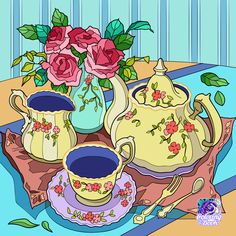 a painting of tea set with pink roses in a vase