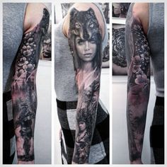 a woman's arm with tattoos on it and an image of a wolf in the background