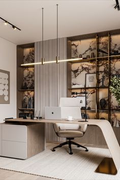 an office with a desk and chair in it