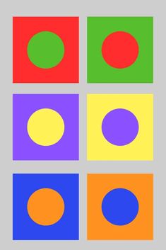 four squares with different colored circles in the middle and one circle at the bottom, on a gray background