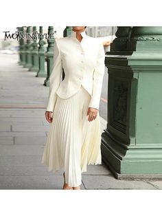 TWOTWINSTYLE Solid Two Piece Set For Women Stand Collar Long Sleeve Spliced Button Tops High Waist Award Dresses, Ootd Work, Lily Silk, Civil Wedding Dress, Guest Wedding Dresses, Stand Collar Dress, Stand Collar Top, Stand Collar Coat, Elegant Girls