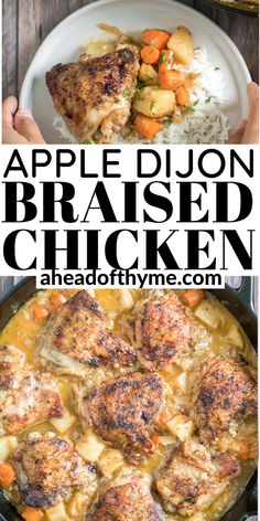 an image of chicken and rice in a skillet with the words apple dijond braised chicken above it